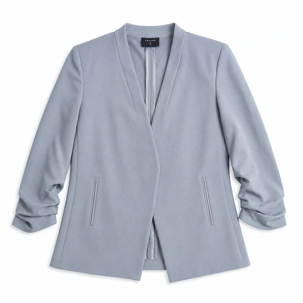 Tahari 14 Open Front Blazer Jacket Light Blue Ruched Sleeve Career Office Petite